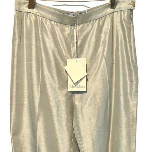 Max Mara Gray Silver Silk Textured Polonia Pant Band New NWT 14(US) 44(IT)